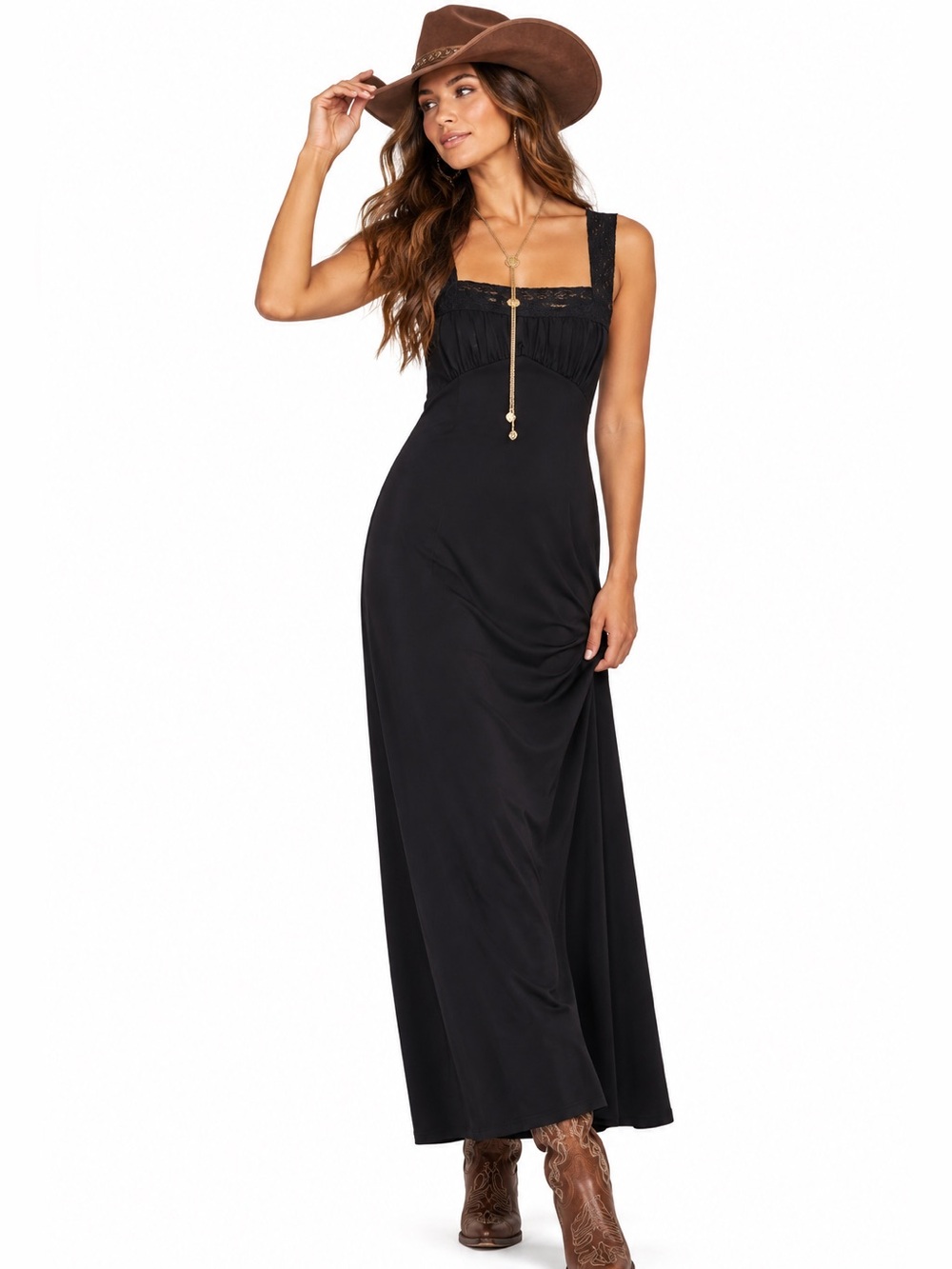 Lioness Love Letters Maxi Dress Black with Lace Trim